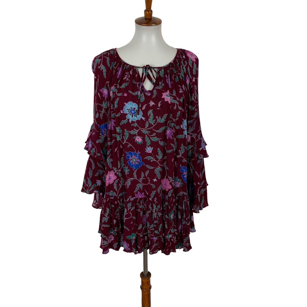 CY Tunic Top Medium Boho Ruffle Long‎ Sleeve Printed Fall Layering Artsy
